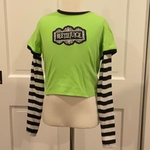 Beetle juice shirt with striped sleeves size small.